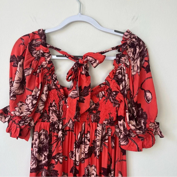 NWT by Anthropologie Puff Sleeve Smocked Midi Long Dress Coral Floral - Picture 7 of 10